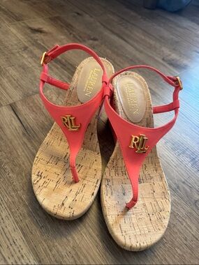 Lauren Ralph Lauren Coral T-Strap Sandals with Gold RLL Accent